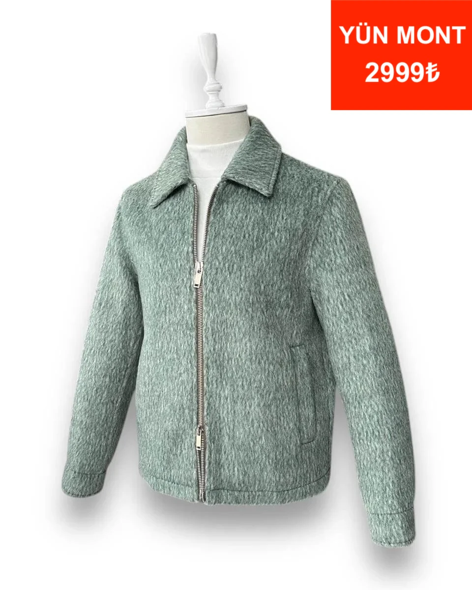Standart Fit Yün Karışımlı Yeşil Kısa Alpaca Mont