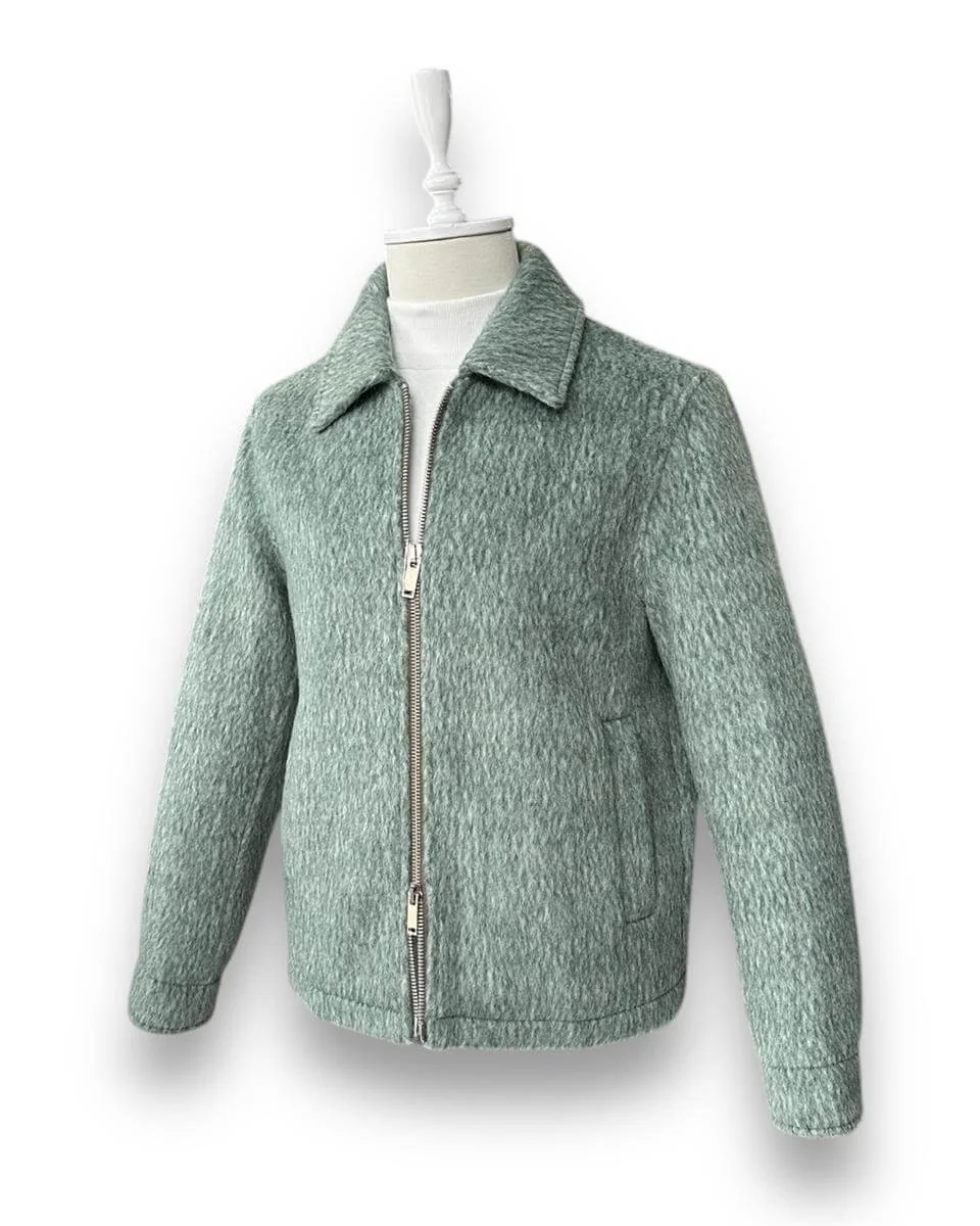 Standart Fit Yün Karışımlı Yeşil Kısa Alpaca Mont - Image 2