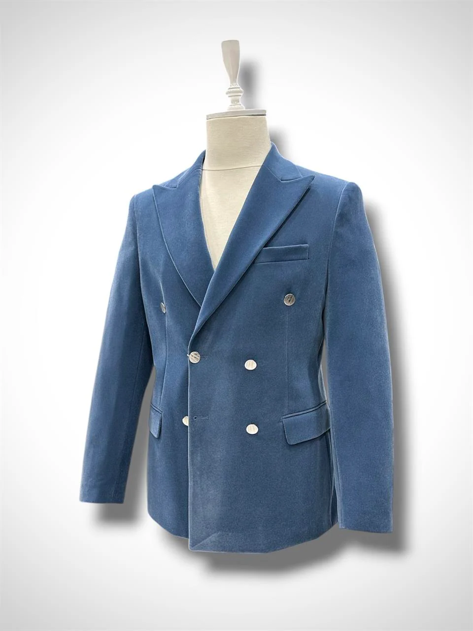 Kadife Mavi Kruvaze Slim Fit Kadife Kumaş Ceket