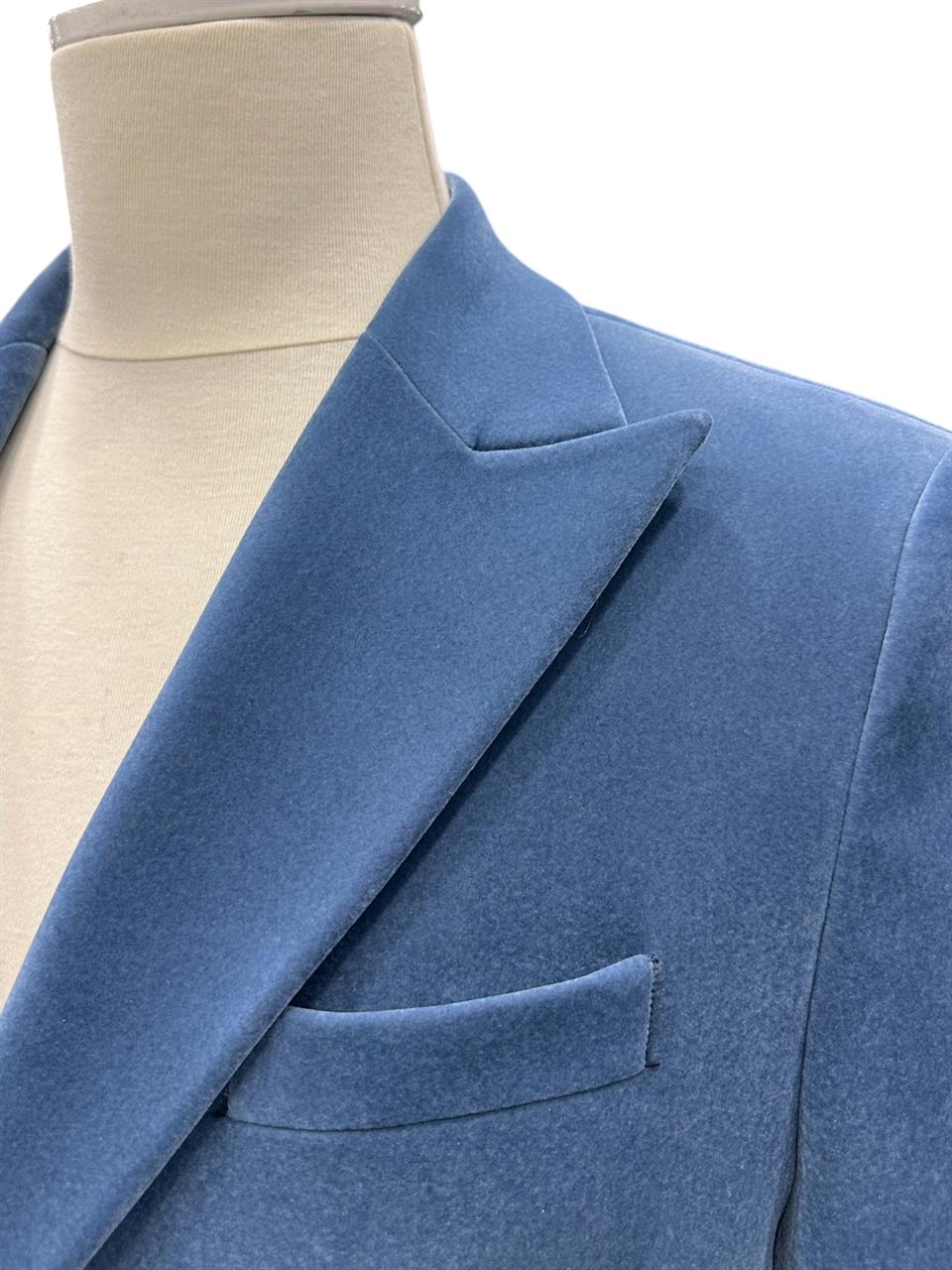 Kadife Mavi Kruvaze Slim Fit Kadife Kumaş Ceket - Image 2