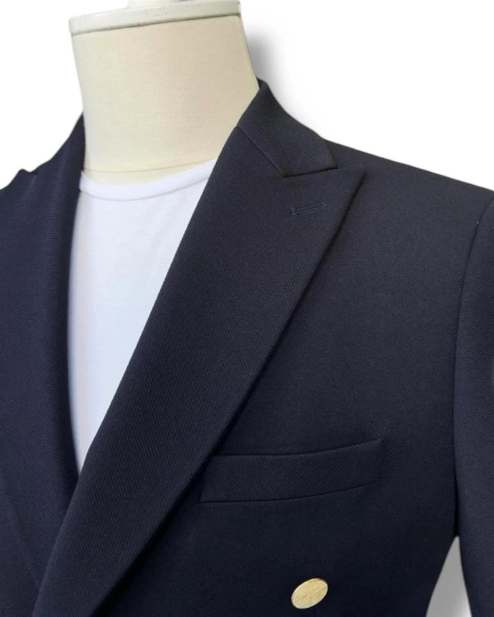 Slim Fit Lacivert Likralı Erkek Kruvaze Ceket - Image 2