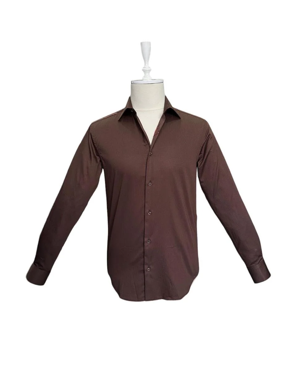 Slim Fit Kahverengi %100 Pamuk Saten Gömlek