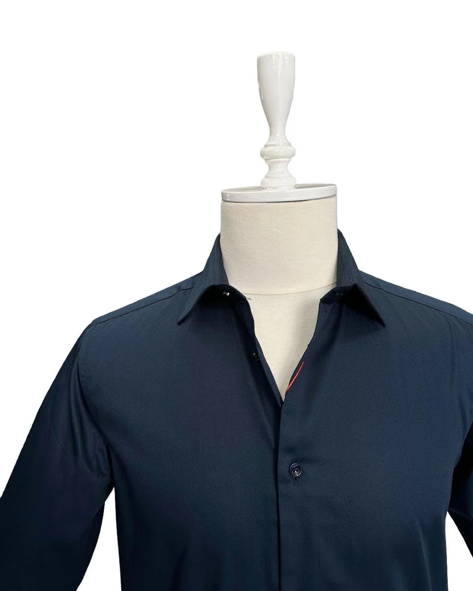 Slim Fit Lacivert %100 Pamuk Saten Gömlek - Image 2