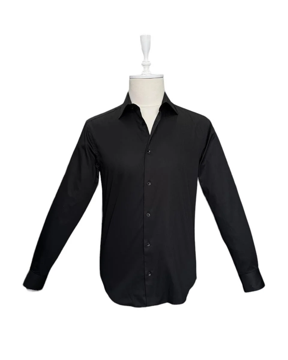 Slim Fit Siyah %100 Pamuk Saten Gömlek