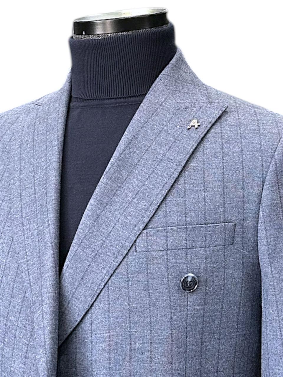Slim Fit Yün Karışımlı Kruvaze Çizgili Royal Mavi Takım Elbise - Image 3