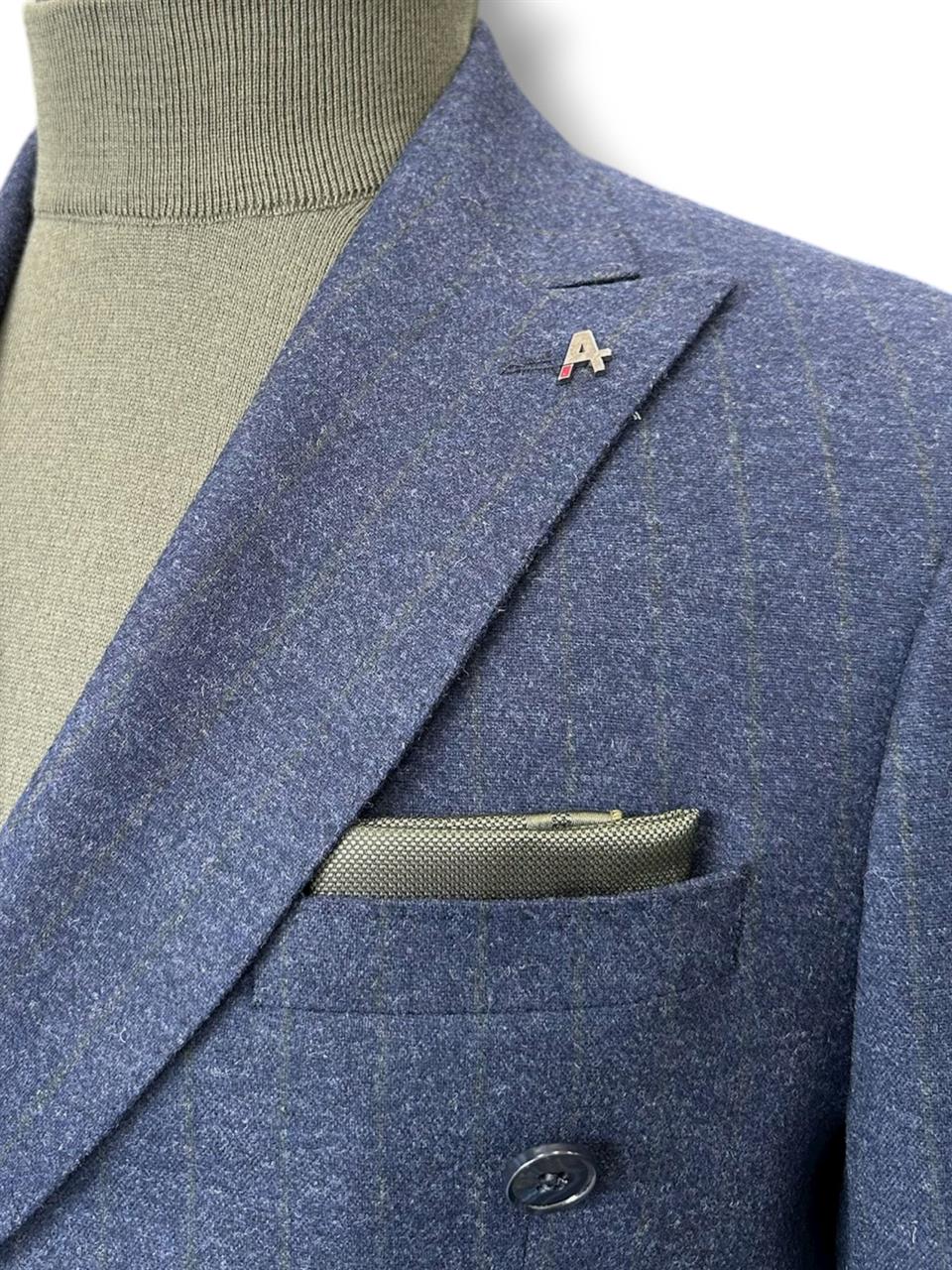 Slim Fit Yün Karışımlı Kruvaze Çizgili Royal İndigo Takım Elbise - Image 3