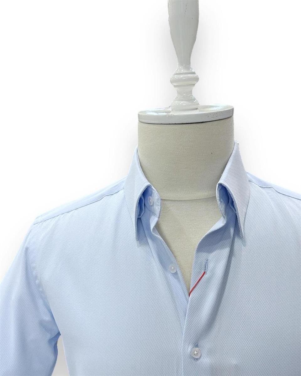 Slim Fit Dik Yaka Gizli Düğmeli Mavi Swagg Gömlek