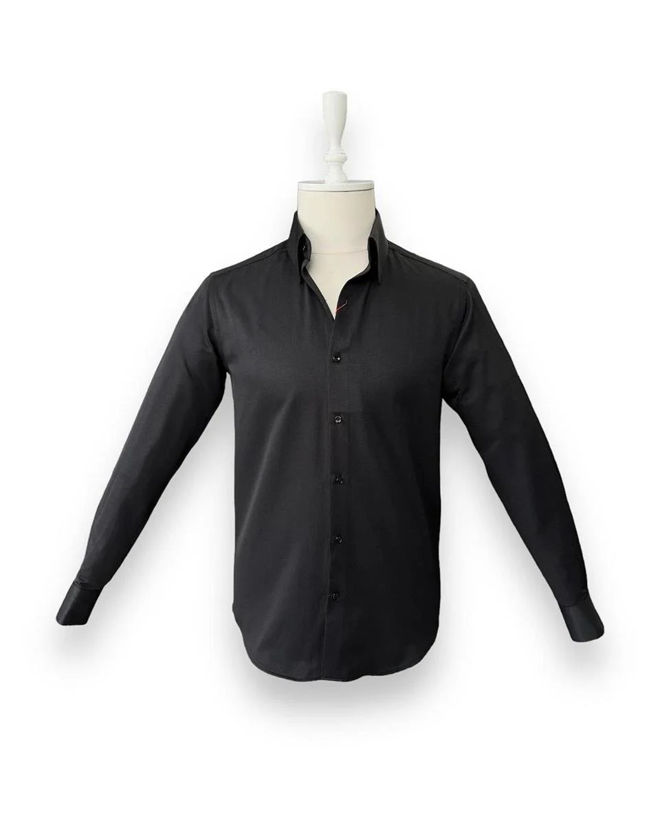 Slim Fit Dik Yaka Gizli Düğmeli Siyah Swagg Gömlek - Image 2