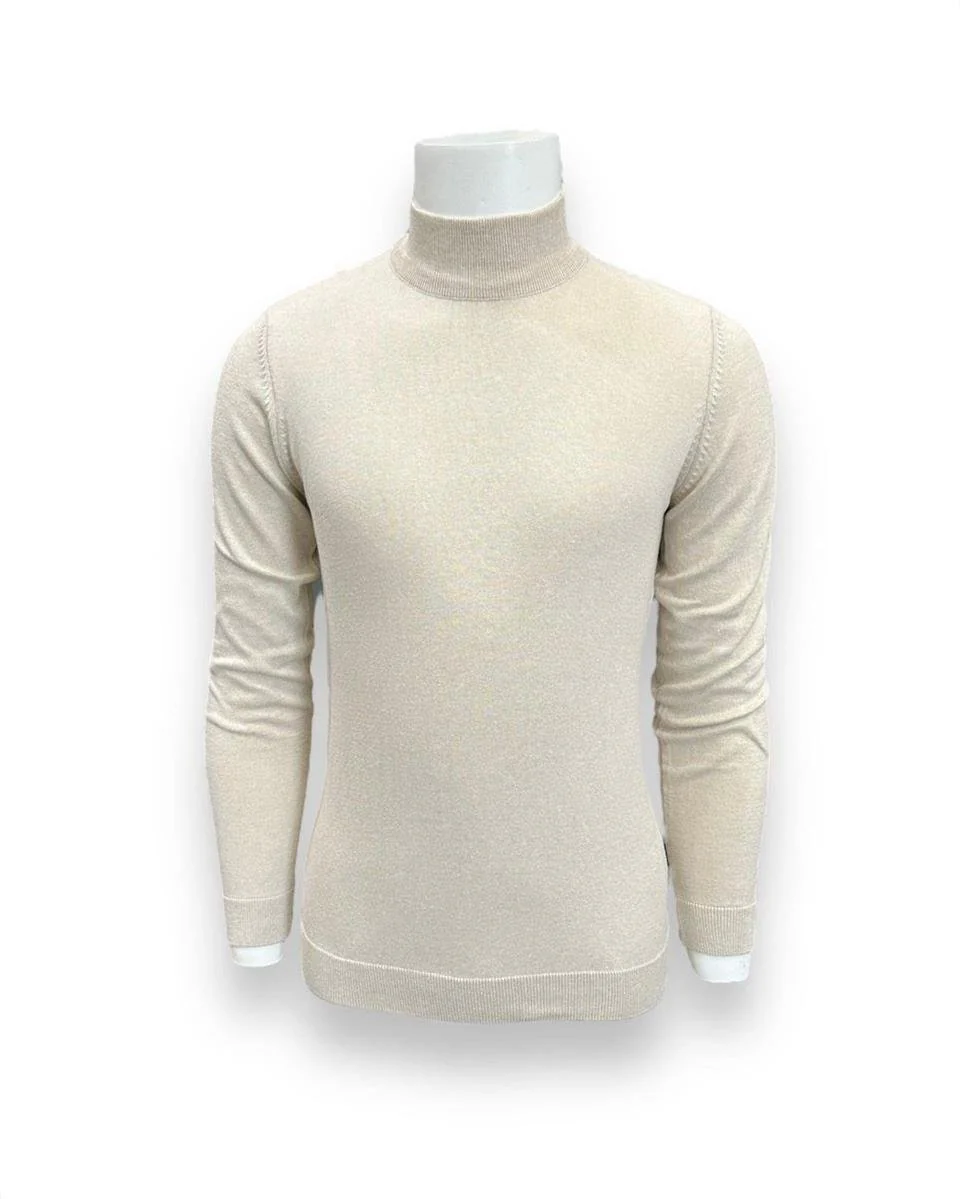 Slim Fit Pamuk Akrilik Yarım Boğazlı Bej Triko